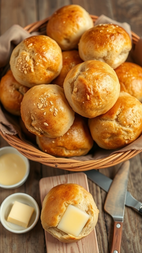 A basket of golden oat rolls with melted butter on a rustic wooden table.